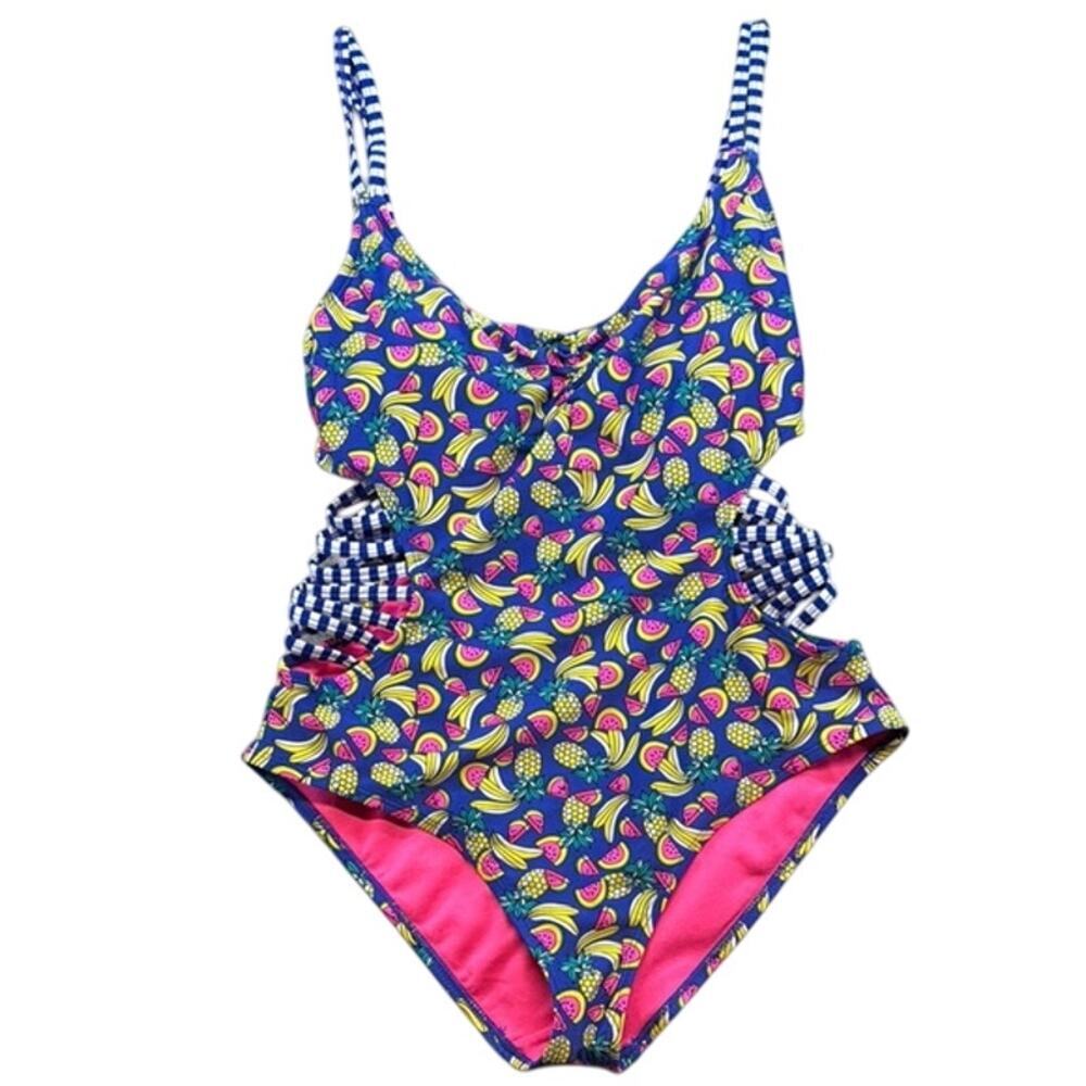 New BONGO Women's Bright Pink Blue Fruit Print One Piece Bathing Suit Size Large